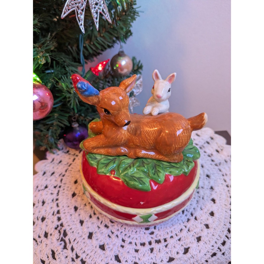 Vintage Studio Nova Woodland Holly Christmas Trinket Box Deer Bunny Ceramic